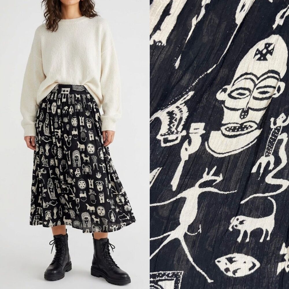 Vintage Phool Skirt L Black White Tribal Print Crinkle Rayon Midi Maxi India 90s